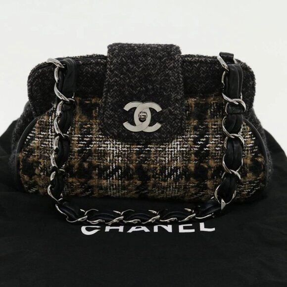 CHANEL Turn Lock Chain Shoulder Bag Wool Gray CC Auth - Picture 1 of 15